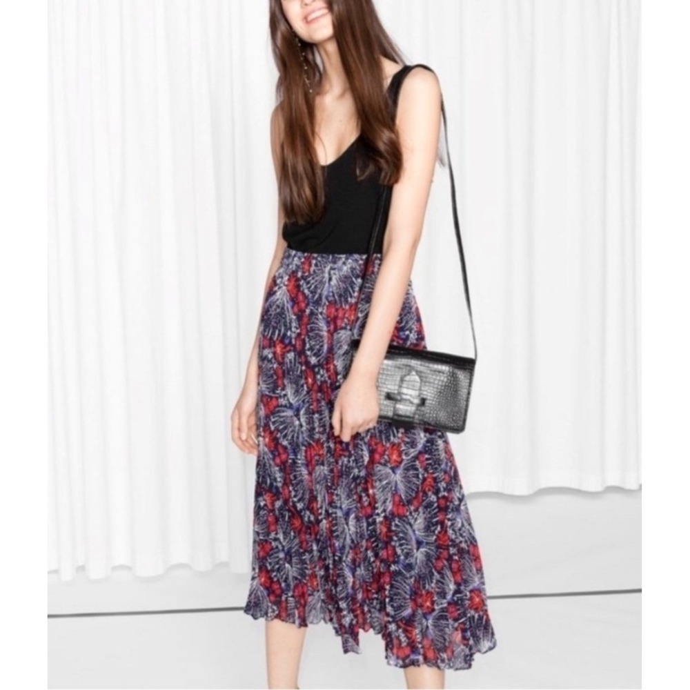 & Other Stories Womens ‎ Abstract Floral Pleated Midi Skirt Size 8 Navy Blue Red